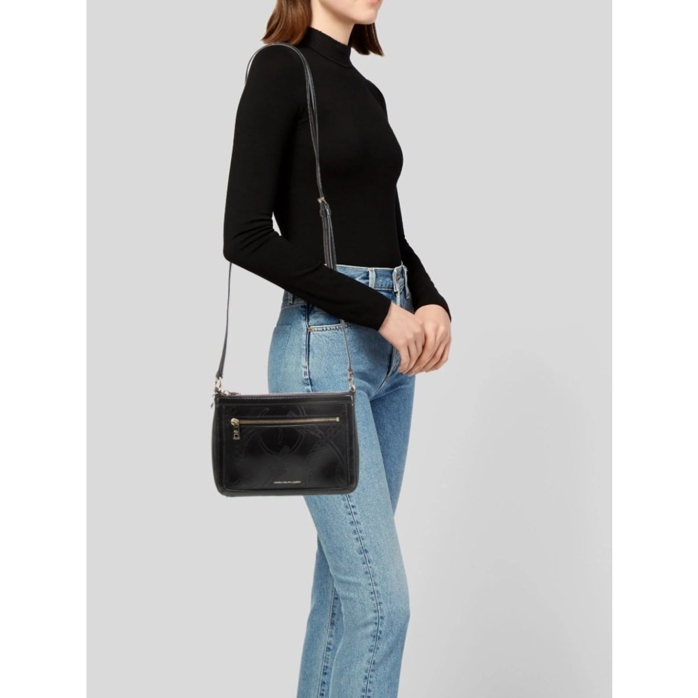 Lauren Ralph‎ Lauren Crossbody Bag Black Patent Leather Embossed Harness Pockets